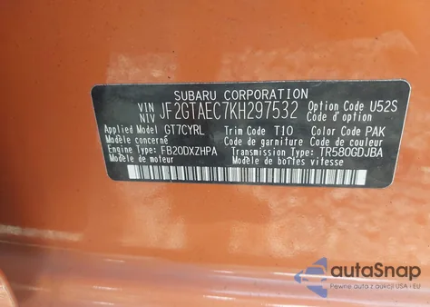 2019 Subaru Crosstrek 2.0I Premium from USA, damaged, VIN JF2GTAEC7KH297532